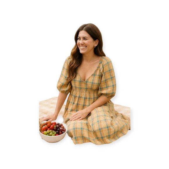 Drew Plaid Cotton Puff Sleeve Dress Size S NWT - Picture 10 of 10